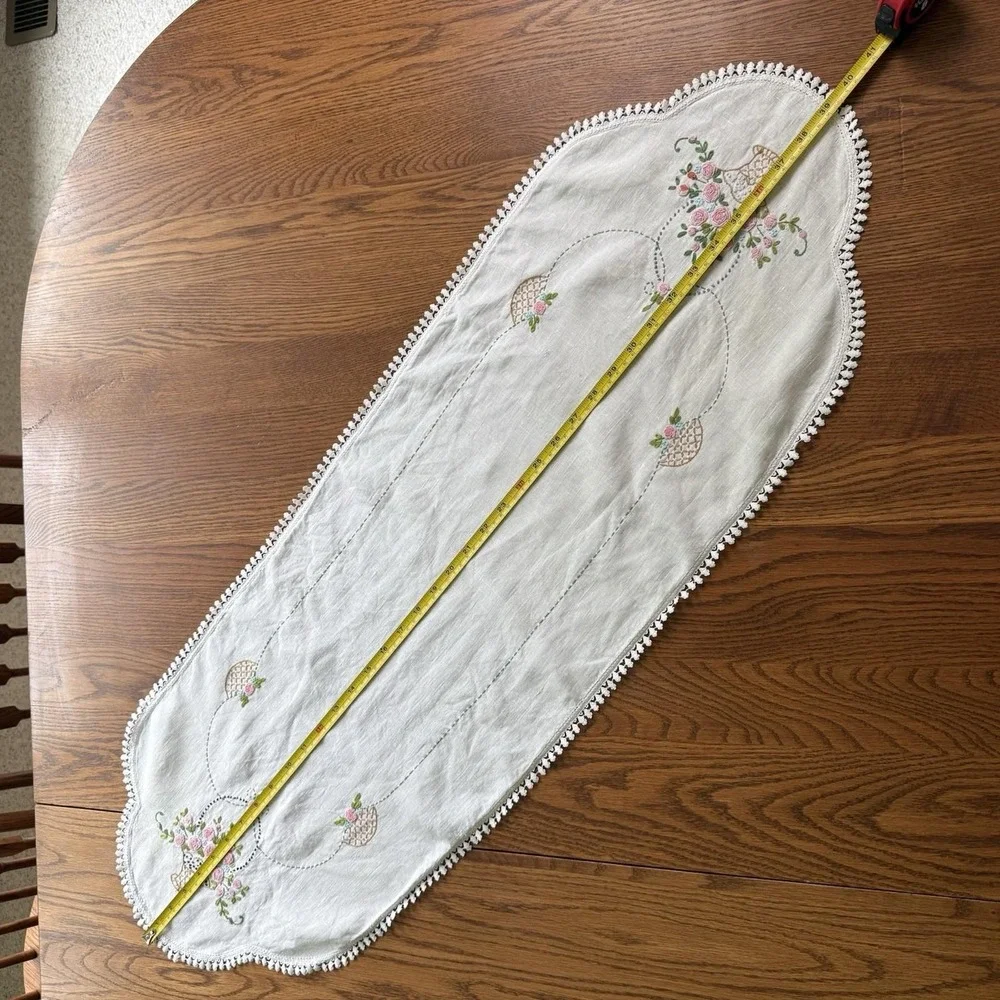 Vtg Embroidered Crochet Dresser Scarf Table Runner Flower Basket 39